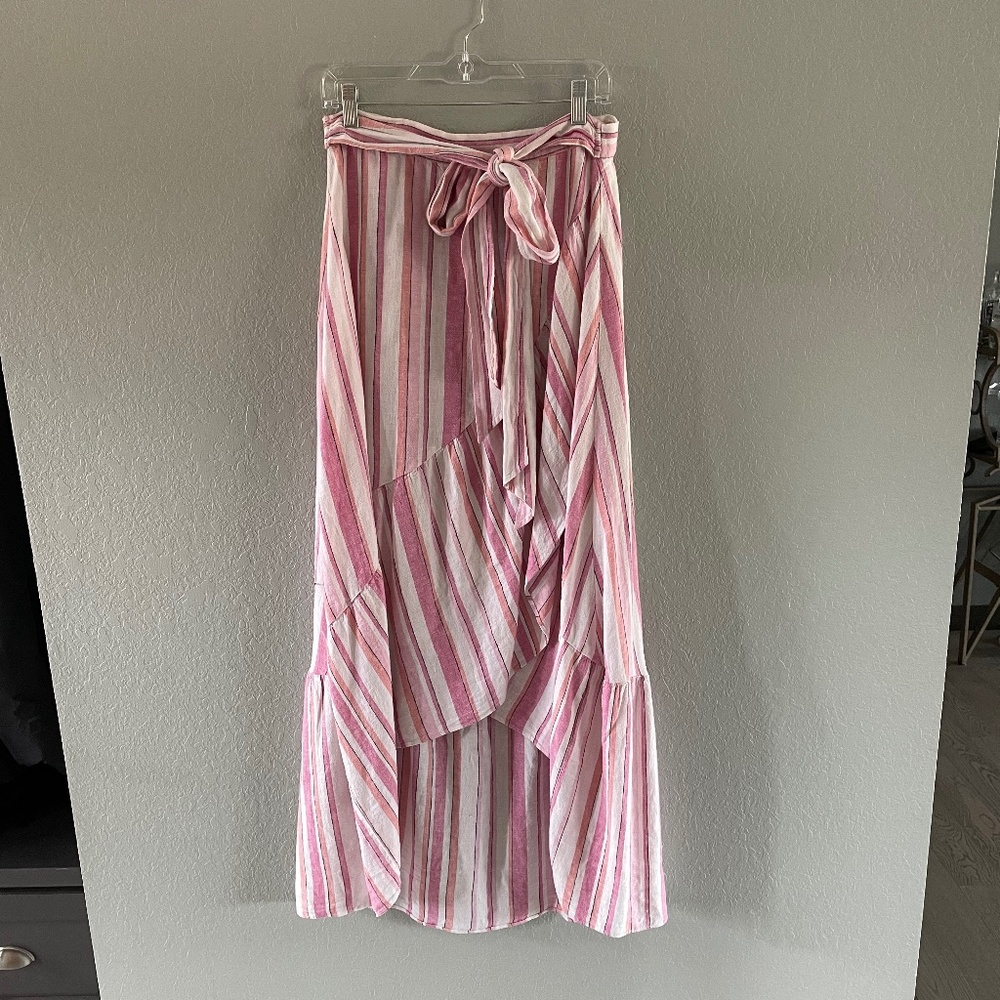 New York & Company Pink Striped Linen Full Length Wraparound Skirt Size M